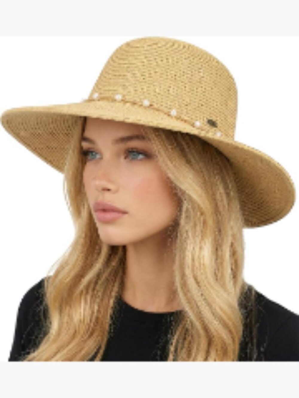 Wide Brim Packable Straw Sun Hat with Pearl Trim, UPF 50+